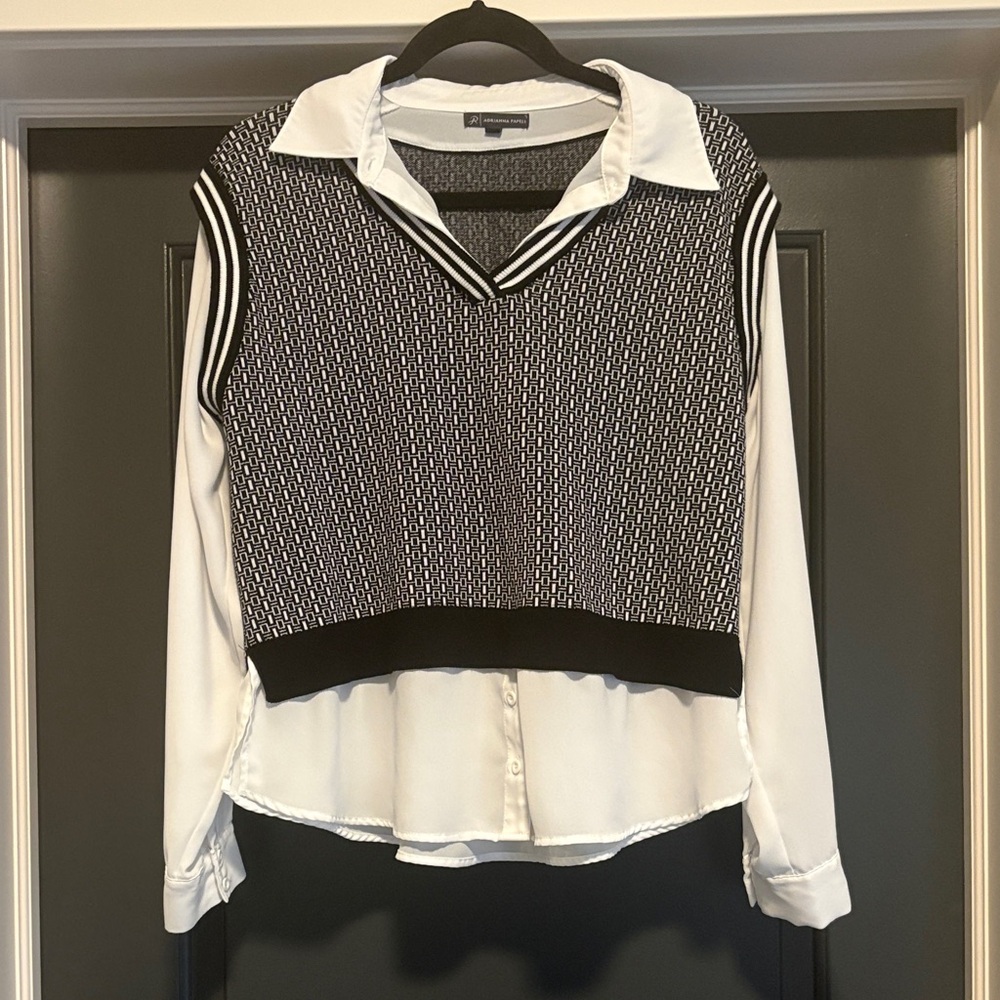 Adrianna Papell Black and White Layered Button Down Shirt